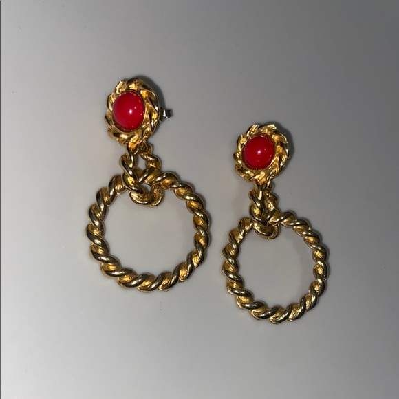 Gold and Red Twisted Hoop Earrings - Picture 1 of 4